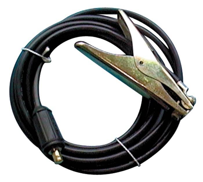 Aufgerolltes schwarzes Kabel mit angebrachter Krokodilklemme, isoliert auf weißem Hintergrund.