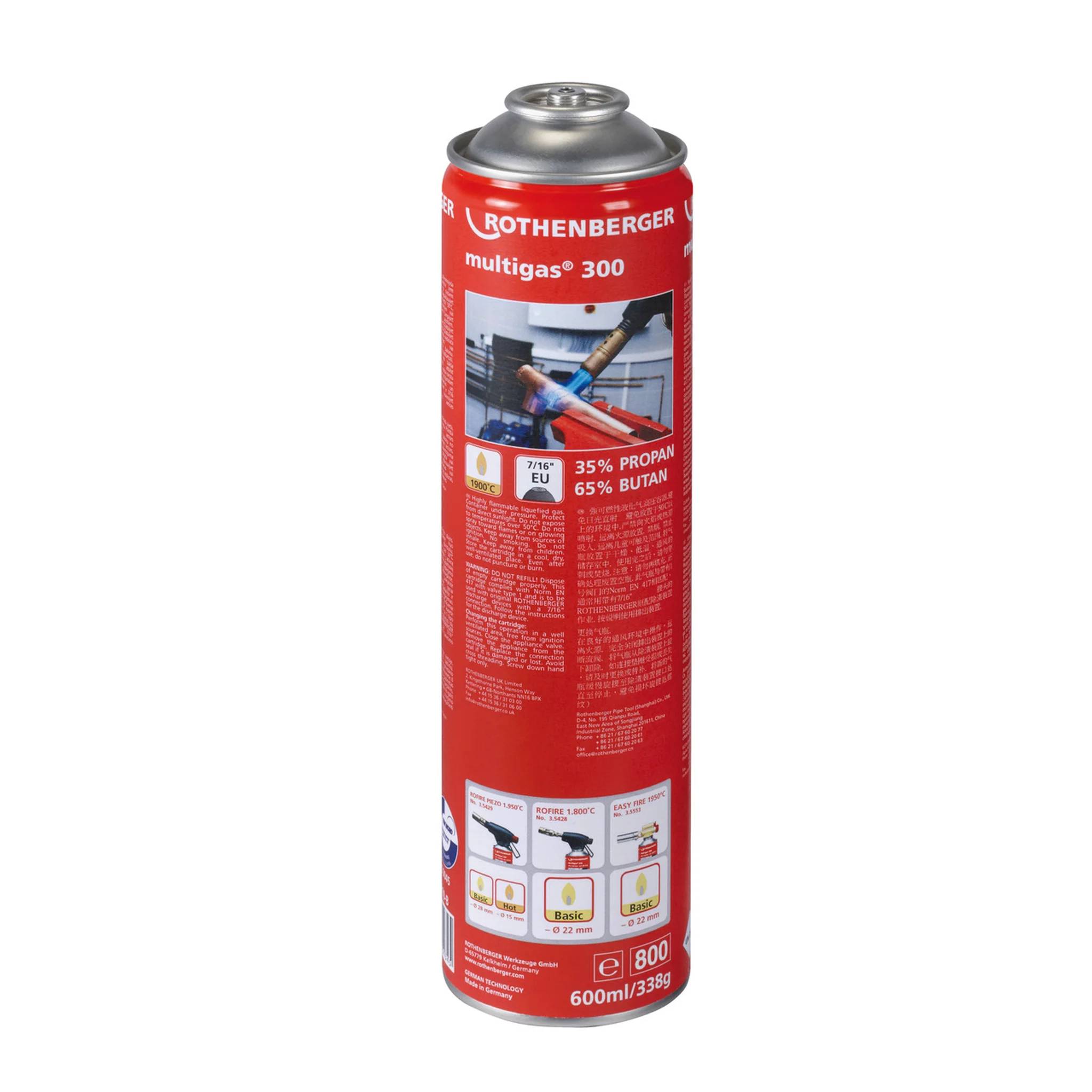 Rote Rothenberger Multigas 300 Gaskartusche, gekennzeichnet mit 35% Propan und 65% Butan, zur Verwendung mit tragbaren Lötlampen.
