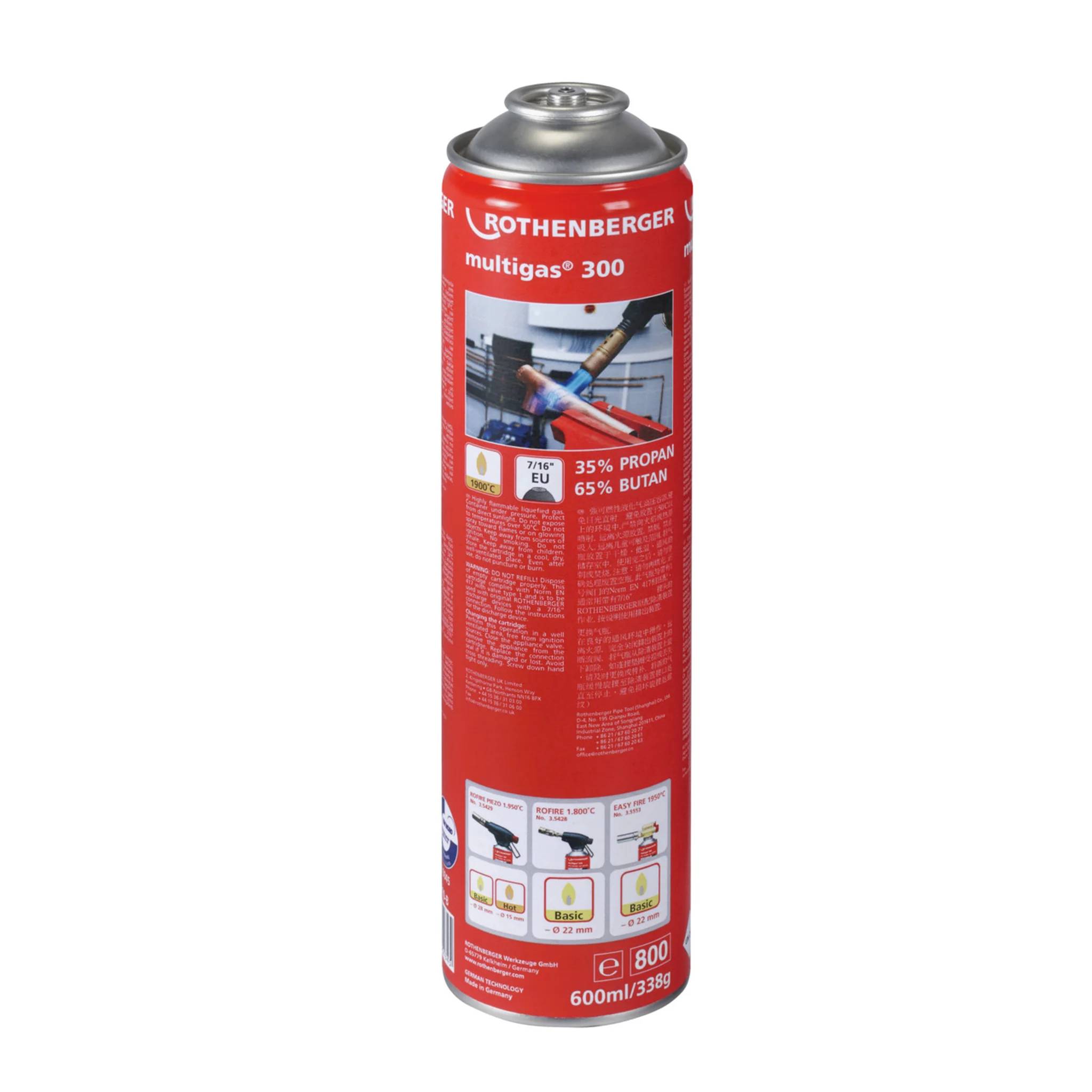 Roter Rothenberger Multigas 300 Gaskanister mit der Kennzeichnung 35% Propan, 65% Butan, mit einem Fassungsvermögen von 600 ml/339 g.
