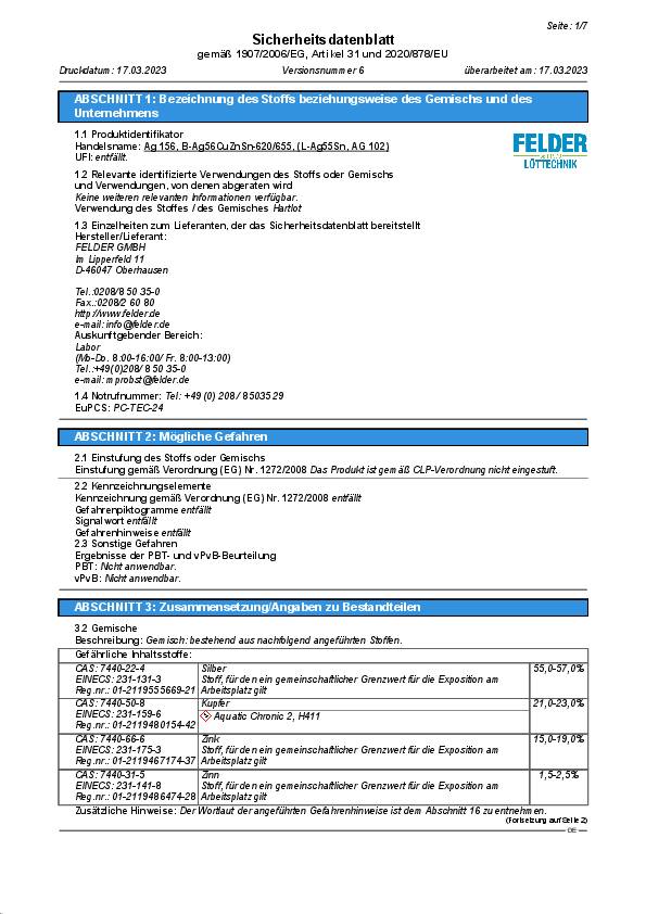 Silberhartlot AG 102 D2xL500mm L-Ag55Sn 1kg FELDER