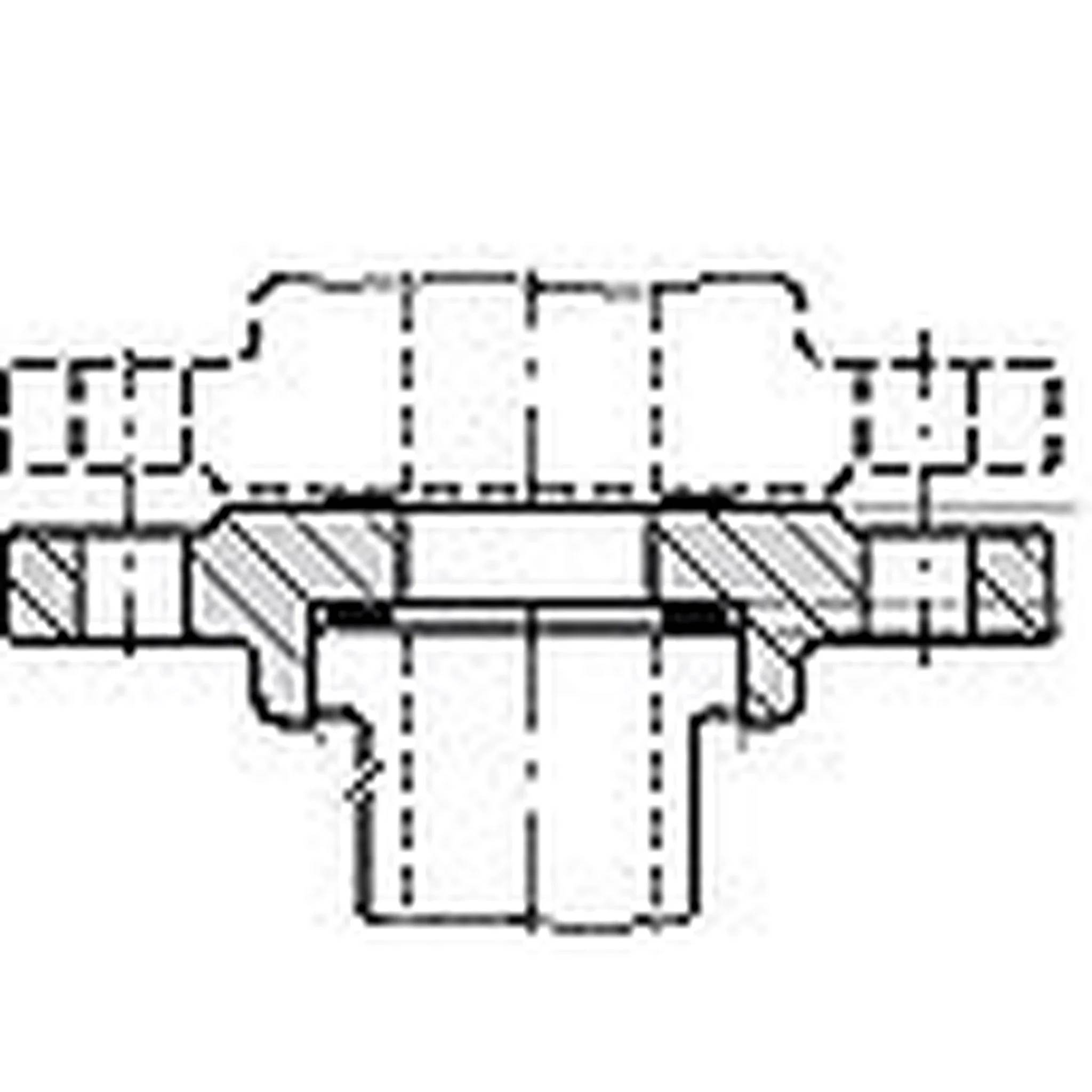 Querschnittstechnische Zeichnung einer mechanischen Rohrverbindung oder Kupplung mit einem zentralen Gewinde- oder Flanschverbinder und schattierten Schnittteilen.
