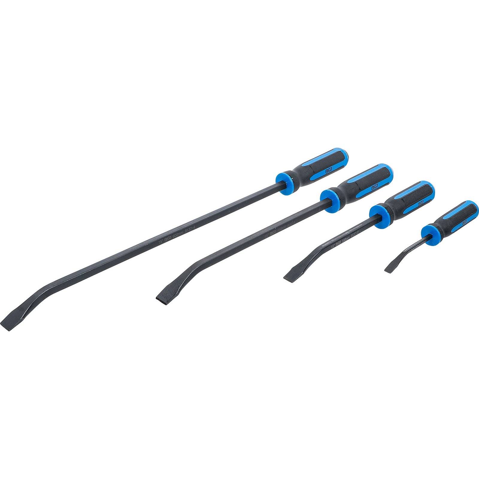 Vier blaue Stemmeisen mit unterschiedlichen Größen sind in absteigender Reihenfolge ausgerichtet und zeigen ihre Längen und flachen Spitzen.