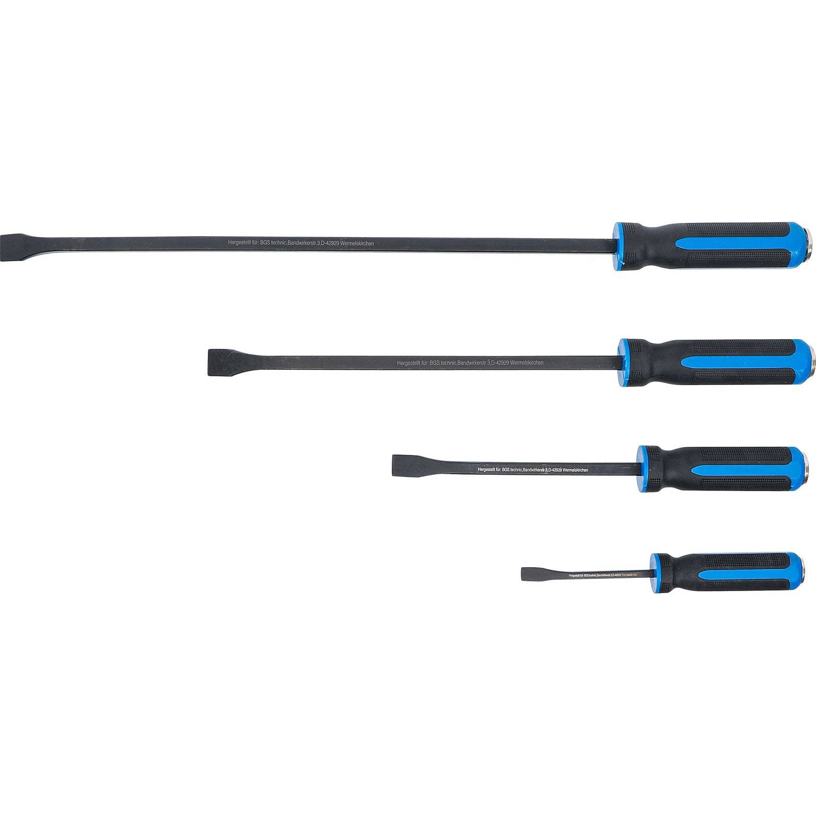 Vier Schraubenzieher in verschiedenen Größen mit schwarzen Schäften und blauschwarzen Griffen, horizontal von größtem zu kleinstem angeordnet.