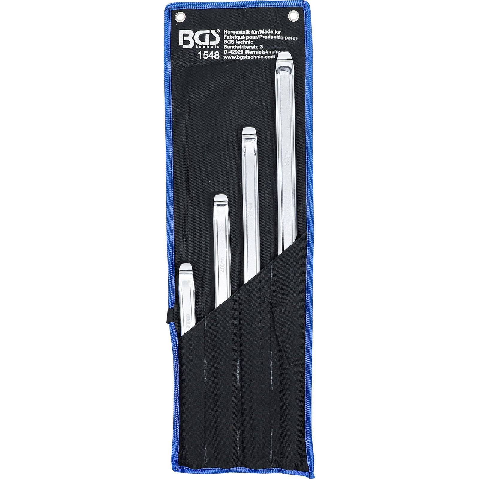 Ein Satz aus vier polierten Metallbrecheisen in einem schwarz-blauen Stoffetui, nach Größe von links nach rechts angeordnet.