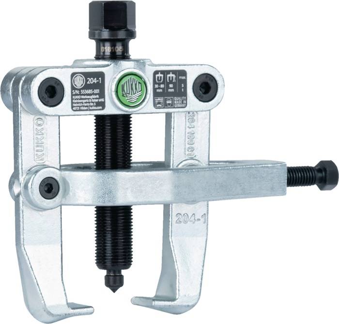Ein Metallabzieher mit einer zentralen Gewindewelle und zwei Greifarmen, beschriftet mit '204-1' und 'Kukko'.
