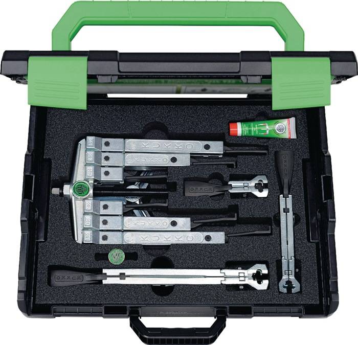 Ein Werkzeugset mit verschiedenen Metallwerkzeugen, die übersichtlich in einem schwarzen und grünen Etui angeordnet sind, einschließlich einer Tube Schmiermittel, für mechanische Reparaturen.