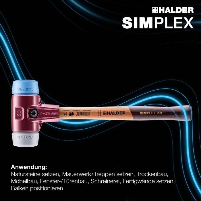 HALDER SIMPLEX Hammer auf schwarzem Hintergrund dargestellt, mit deutschem Text, der die Verwendungen zum Setzen von Steinen, Mauerwerk, Treppen, Trockenbau, Möbeln, Türen, Schränken, vorgefertigten Wänden und Positionieren von Balken auflistet.