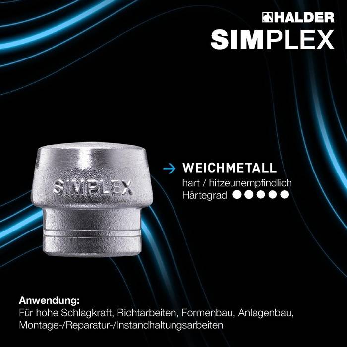 HALDER SIMPLEX Hammerkopf mit Kennzeichnung 'WEICHMETALL', eine Weichmetalleinlage für Hochbelastungsarbeiten, Begradigung, Umformung, Montage und Reparaturarbeiten.