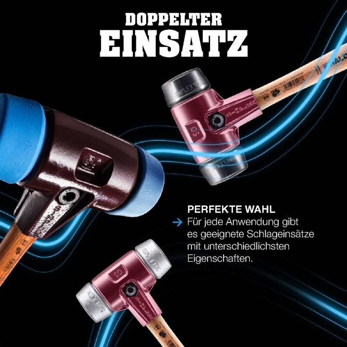 Produktanzeige mit zwei austauschbaren Hammerköpfen auf Holzgriffen, gekennzeichnet mit „DOPPELTER EINSATZ