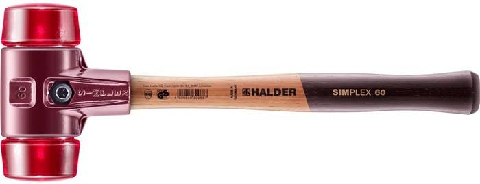 Roter Hammer mit zwei zylindrischen roten Schlagköpfen und einem Holzgriff mit der Bezeichnung „HALDER SIMPLEX 60