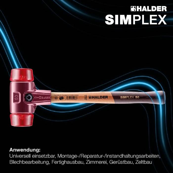 Produktanzeige für den HALDER SIMPLEX 50 Hammer mit roten Köpfen und Holzstiel; der deutsche Text besagt, dass er für universelle Montage, Reparatur, Wartung, Blechbearbeitung, Zimmerarbeiten, Gerüstbau und Zeltbau geeignet ist.