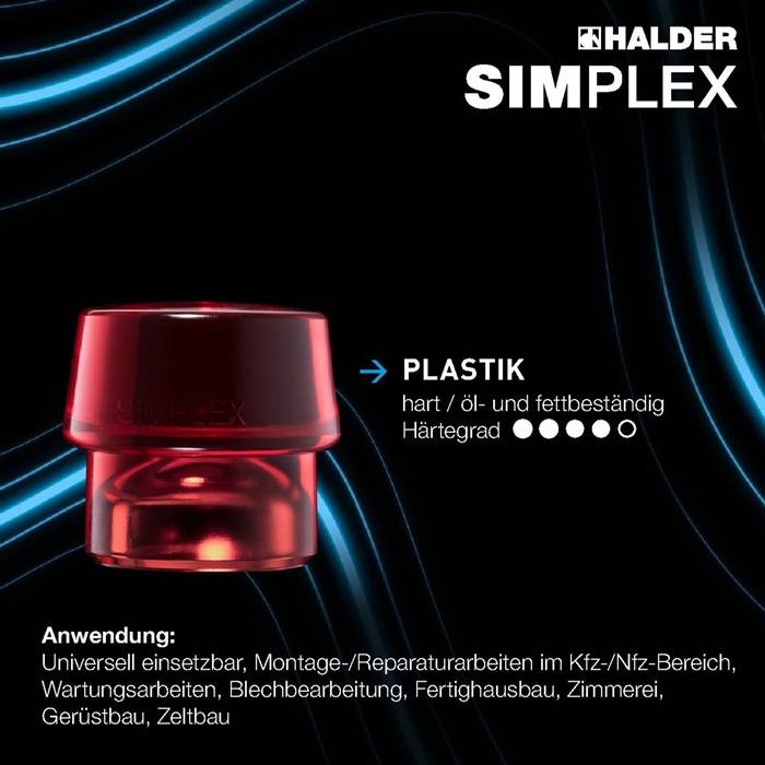 HALDER SIMPLEX Kunststoffhammerkopf, bekannt als hart und öl-/fettbeständig, mit universeller Verwendung für Fahrzeugwartung, Instandhaltung, Metallbearbeitung, Schreinerei, Gerüstbau und Zeltaufbau aufgelistet.