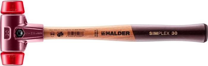 Rotschwarzer HALDER Simplex 30 Hammer mit dualen roten Schlagköpfen und einem Holzgriff auf weißem Hintergrund.