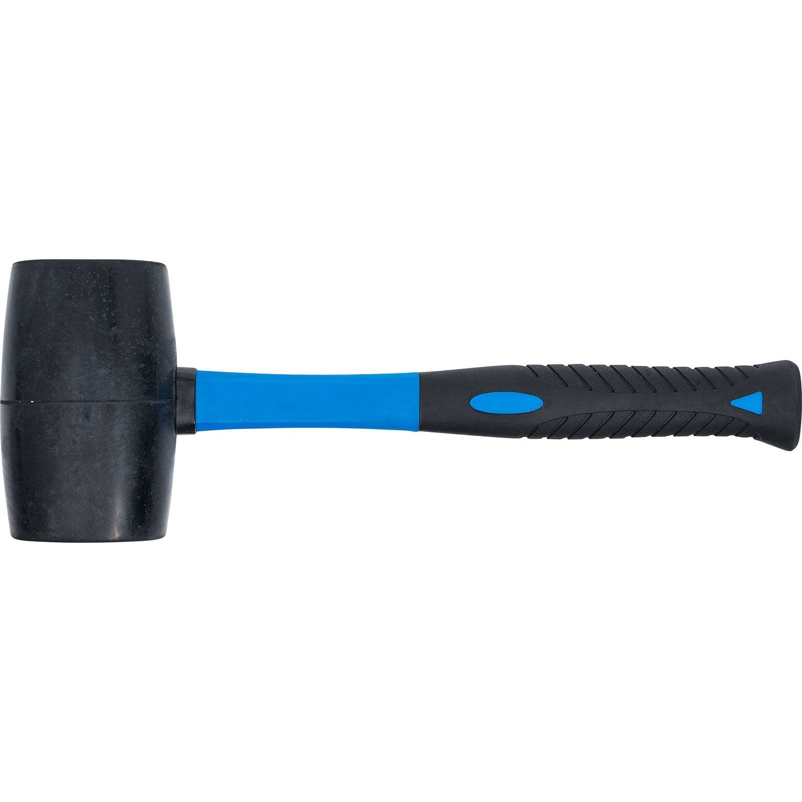 Ein Gummihammer mit einem schwarzen Kopf und einem blauen Griff, entwickelt für sanfte, nicht schädigende Schläge bei Bau- oder Heimwerkerarbeiten.