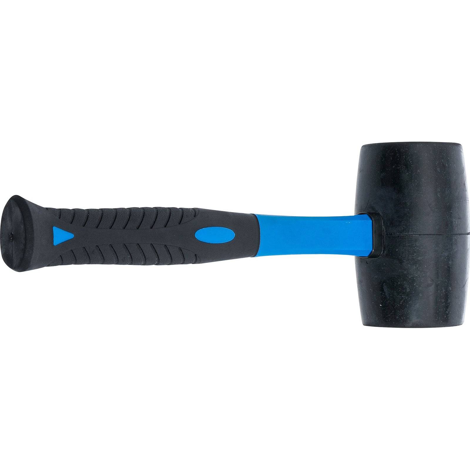 Ein Gummihammer mit einem schwarzen Kopf und blauem Griff, ausgestattet mit einer strukturierten Griffoberfläche für rutschfeste Handhabung.