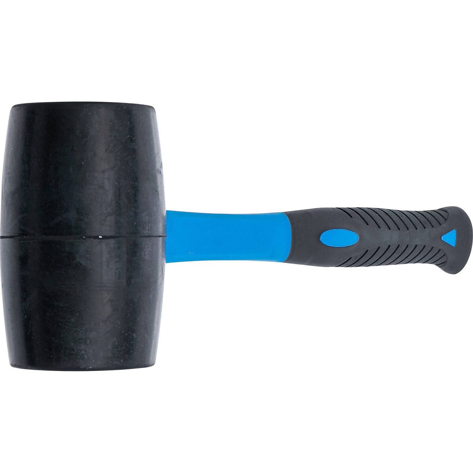 Ein schwarzer Gummihammer mit blau-schwarzem Griff, geeignet für sanfte Hammerschläge, um Oberflächenbeschädigungen zu vermeiden.