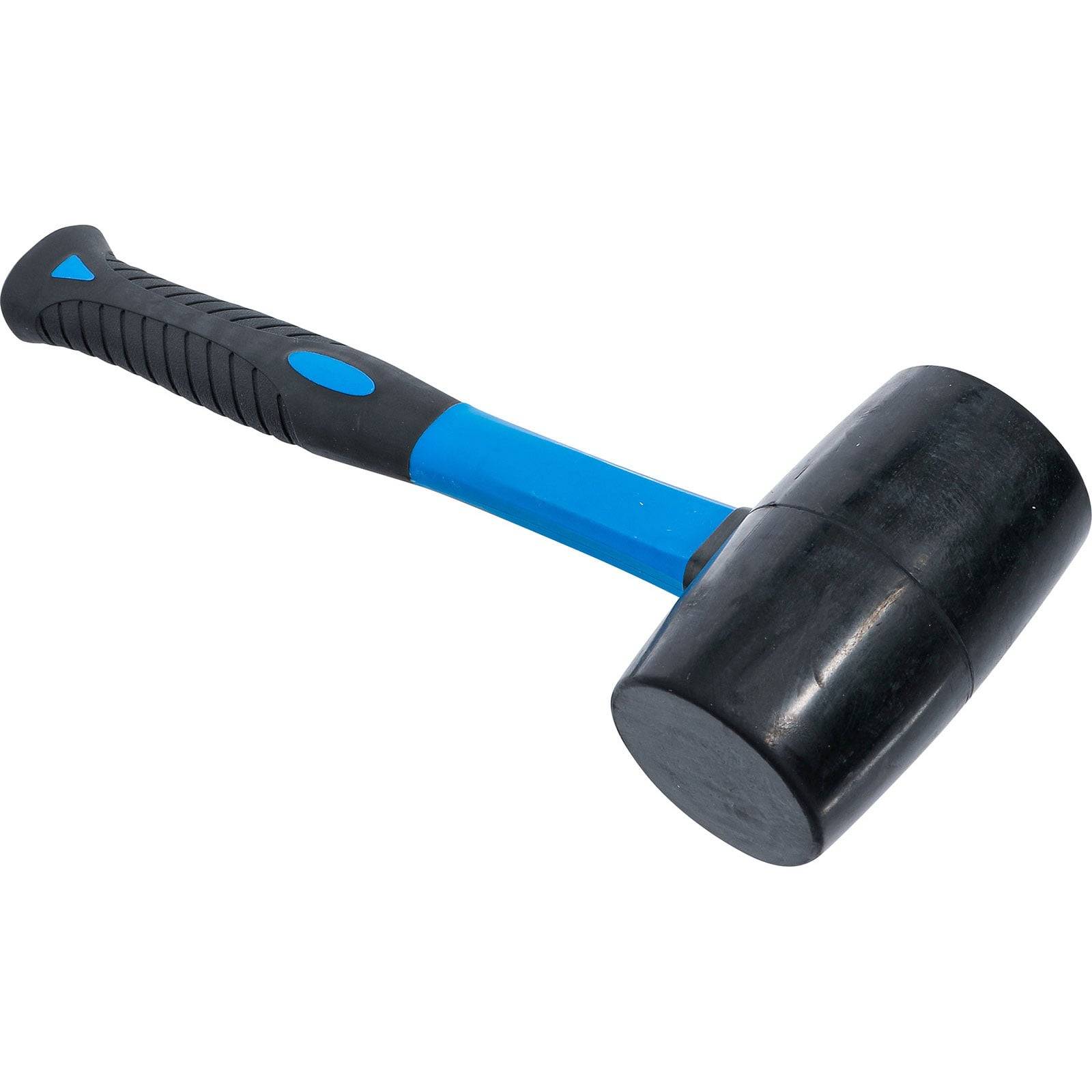 Ein schwarzer Gummihammer mit blau-schwarzem Griff, entwickelt für Schläge ohne Beschädigung, häufig in der Bau- oder Heimwerkerbranche verwendet.