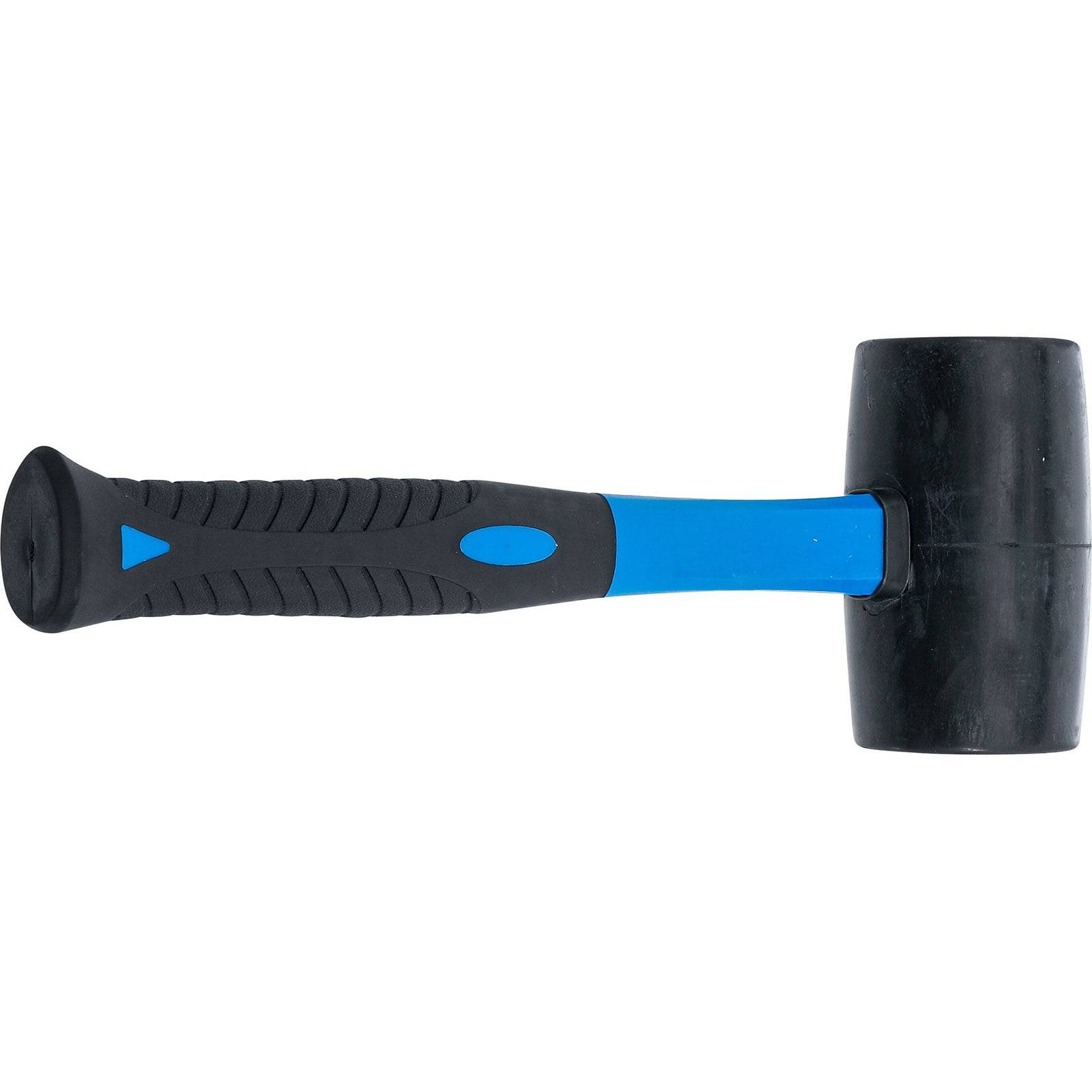 Ein Gummihammer mit blauem Griff und schwarzem Gummikopf.