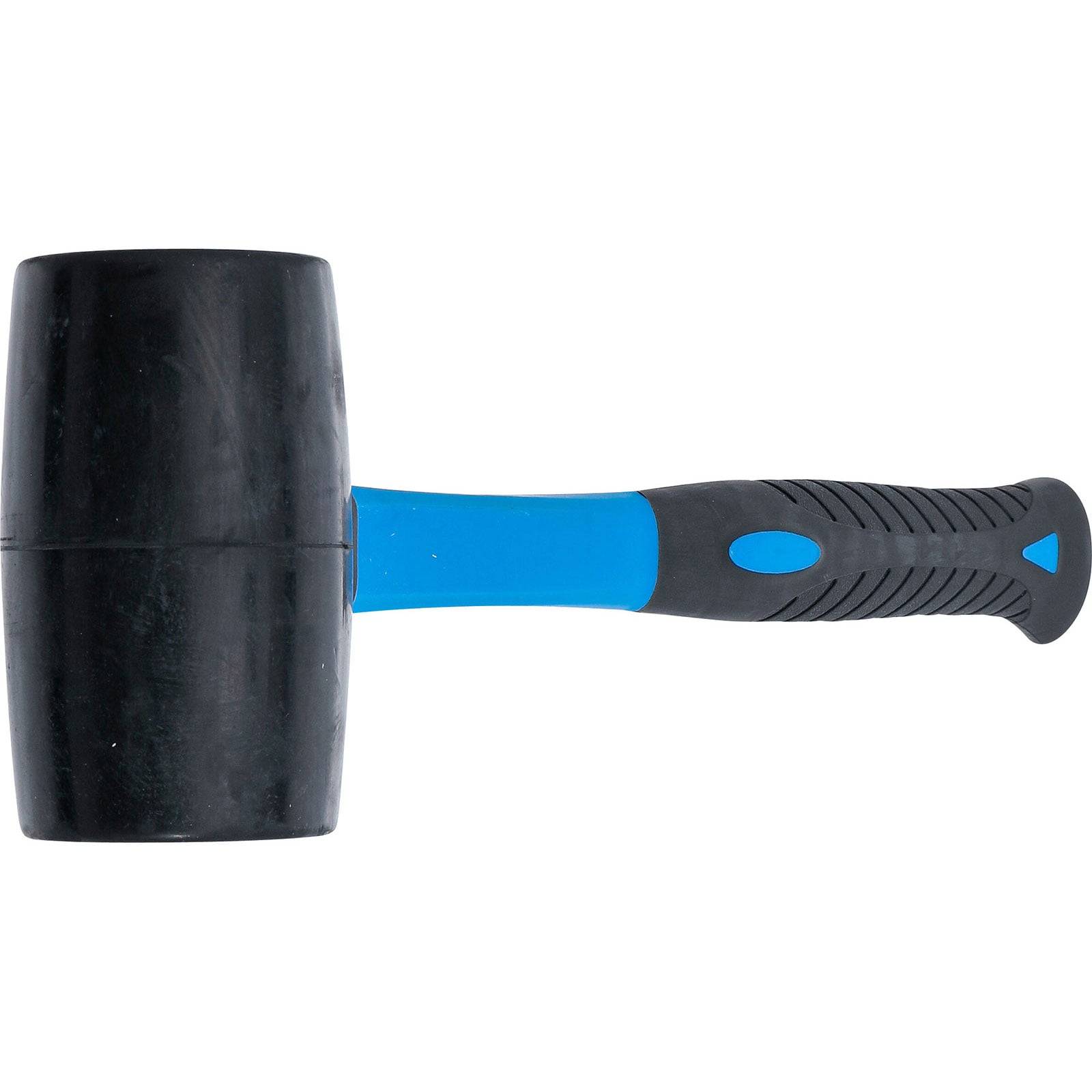 Ein Gummihammer mit einem schwarzen Kopf und einem blauen Griff mit einem schwarzen Griff.