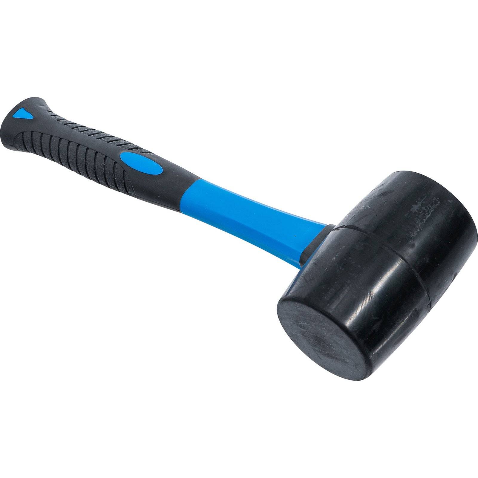 Ein blau gehalteter Gummihammer mit schwarzem Kopf, der häufig zum sanften Hämmern verwendet wird, um Oberflächen nicht zu beschädigen.