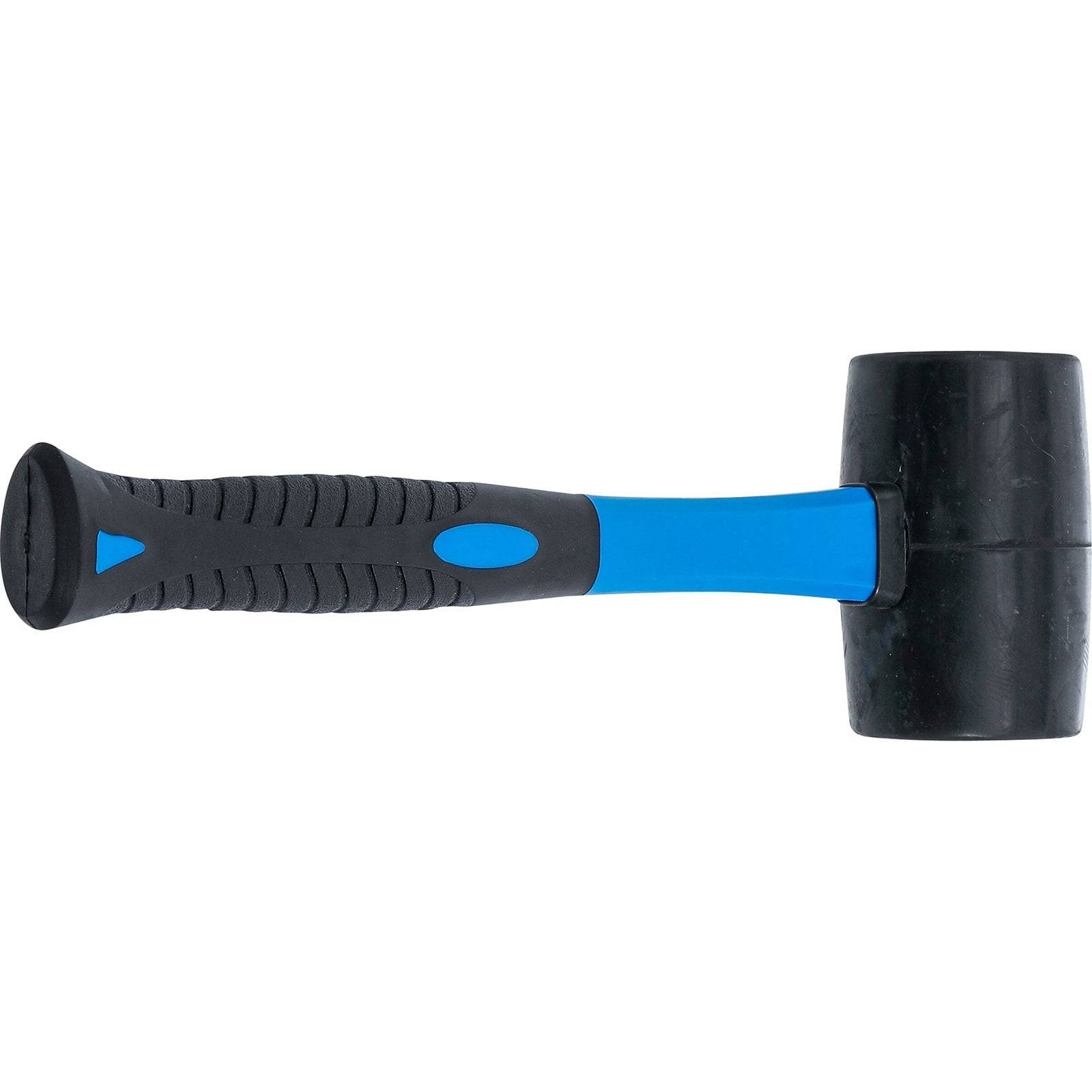 Ein Gummihammer mit einem schwarzen Kopf und einem blau-schwarzen Griff, der zum sanften Anklopfen von Gegenständen ohne Beschädigung verwendet wird.