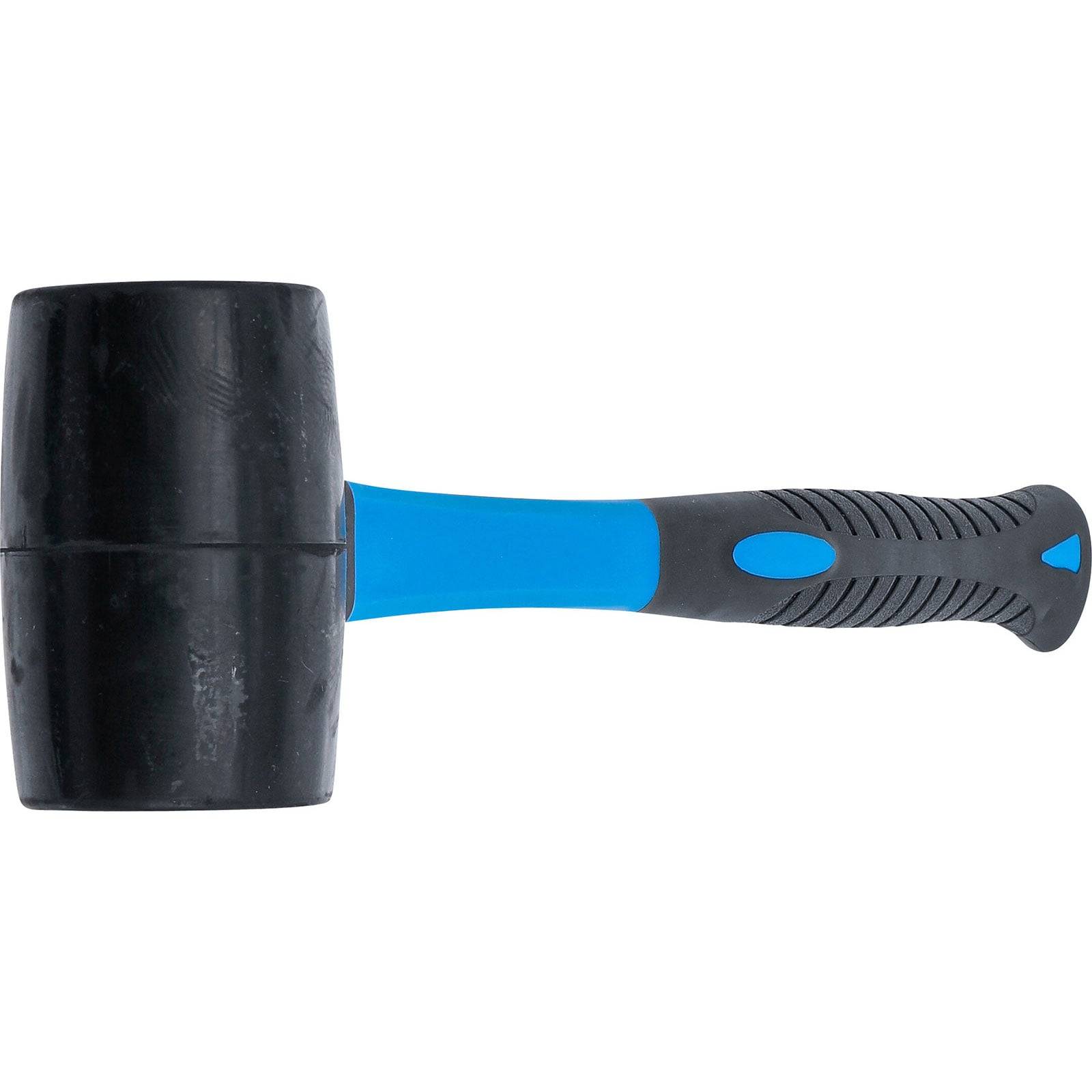Ein schwarzer Gummihammer mit einem hellen blau-schwarzen Griffgriff liegt auf einem schlichten Hintergrund und ist für sanfte Hämmertätigkeiten konzipiert.