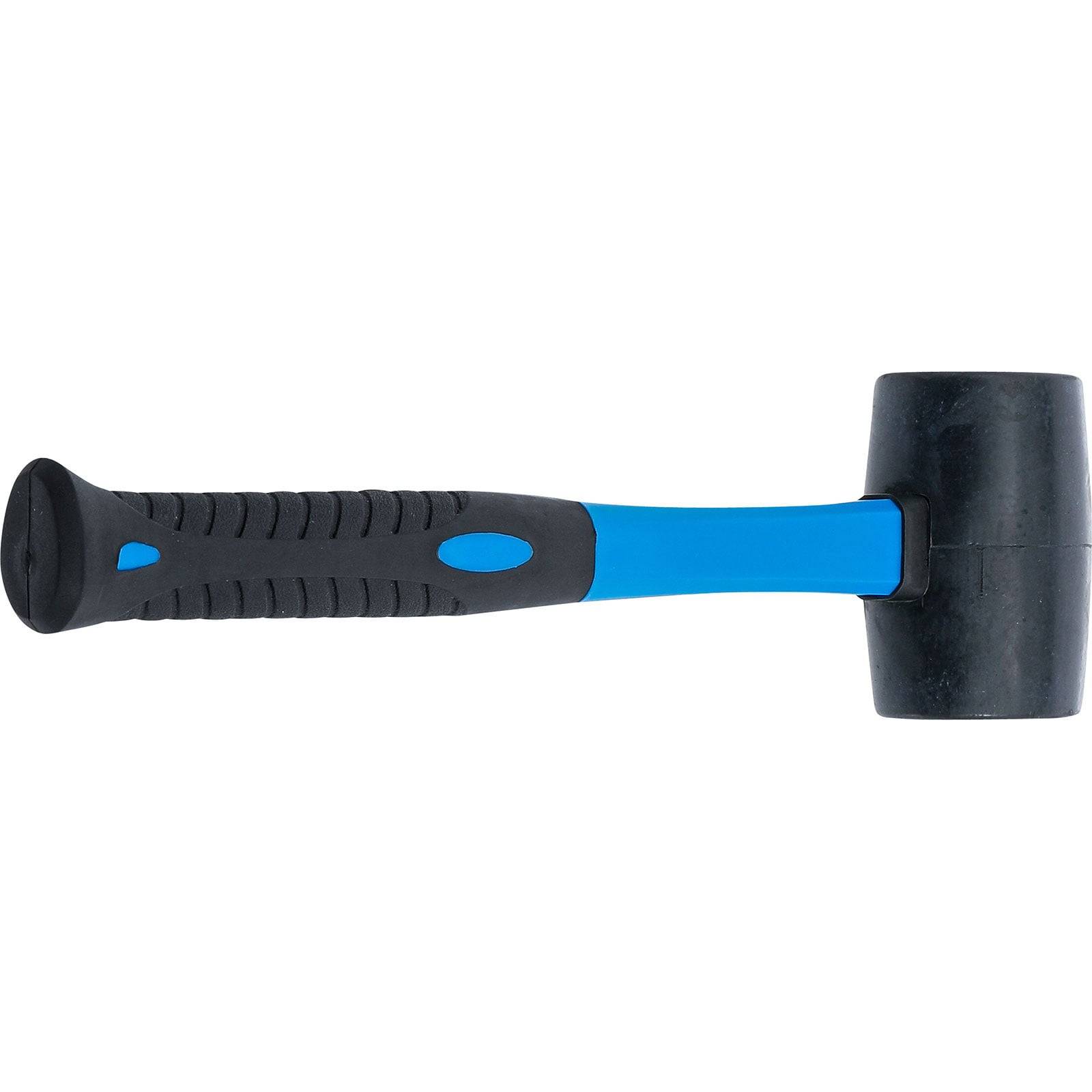 Ein Gummihammer mit einem schwarzen Kopf und einem blauen Griff, der zum sanften Hämmern ohne Beschädigung von Oberflächen verwendet wird.