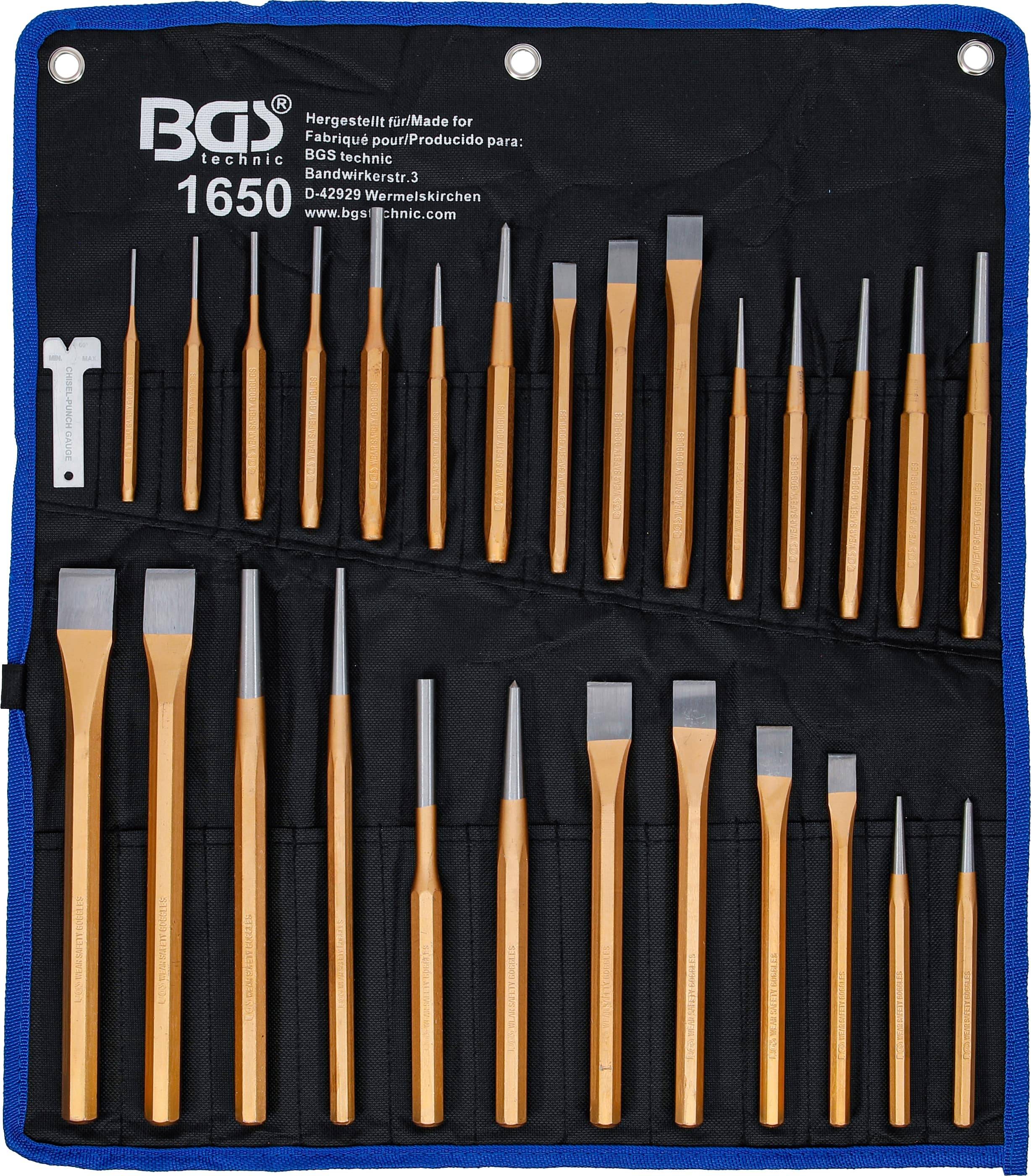BGS Technic 1650 Werkzeugrolle mit mehreren Metallmeißeln und Durchschlägen, die in Reihen auf einem schwarzen Stoffetui mit blauer Einfassung angeordnet sind.