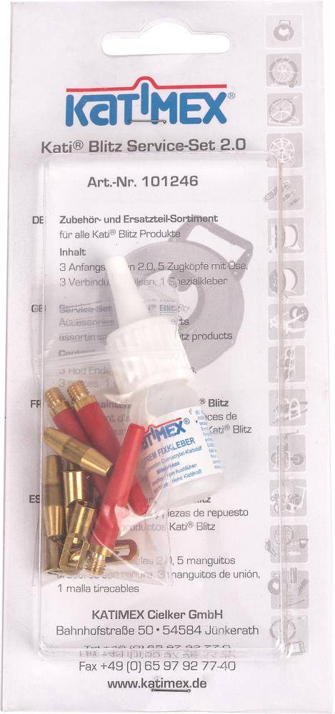 KATIMEX Kati Blitz Service-Set 2.0 Blisterpackung mit Kabelzugtool, Ersatzkopf, rotes Kabel, Messingverschraubungen und mehrsprachigen Produktdetails.