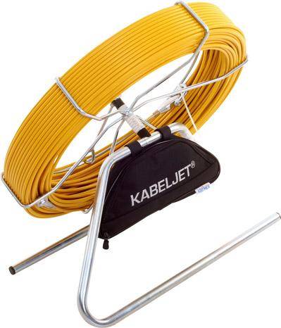 Eine gelbe Kabelrolle auf einem Metallständer mit einer schwarzen Abdeckung mit der Aufschrift „KABELJET
