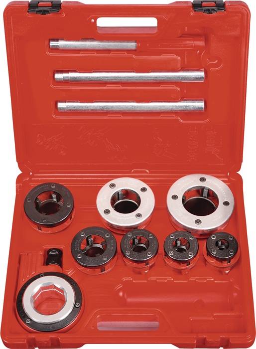 Ein roter Werkzeugkasten mit mehreren Schneidköpfen und Metallgriffen in verschiedenen Größen, die in einem geformten Etui angeordnet sind.