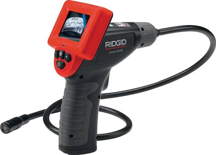 Eine tragbare Inspektionskamera, Ridgid Micro CA-25, mit flexiblem Kabel und LCD-Bildschirm zur Untersuchung schwer zugänglicher Bereiche.