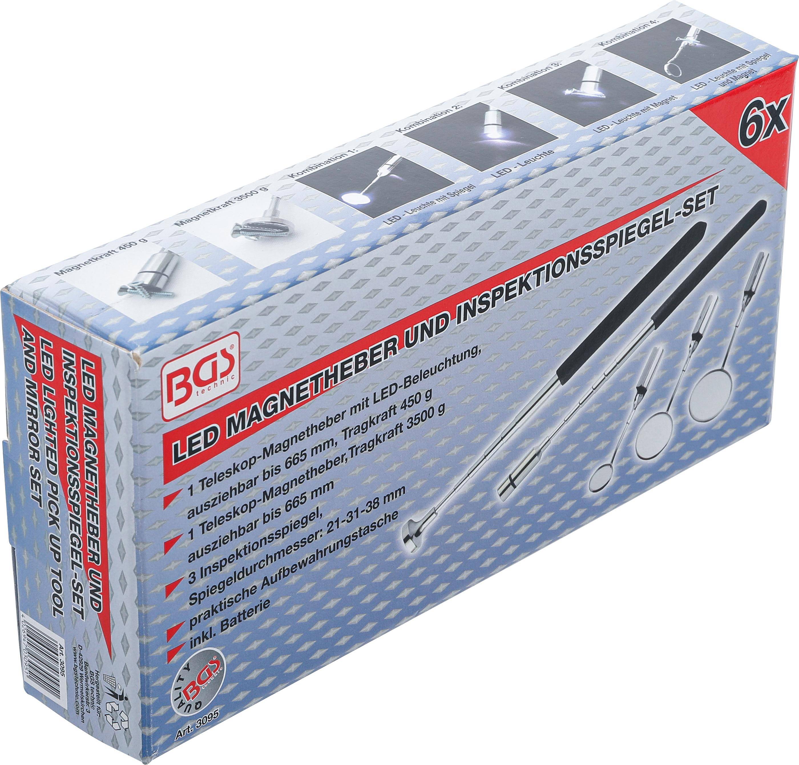 Verpacktes BGS 'LED Magnetgreifer und Inspektionsspiegel-Set' mit 6 Werkzeugen, einschließlich Magnetgreifer und Inspektionsspiegel
