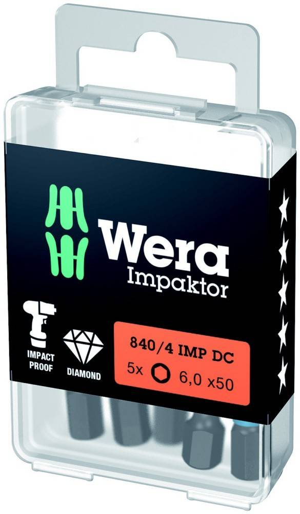 Wera Impaktor Bohrersatz in einem durchsichtigen Kunststoffkoffer, gekennzeichnet mit „840/4 IMP DC