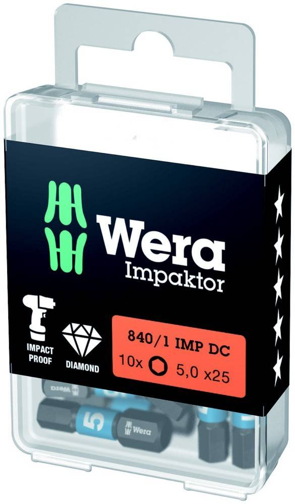 Wera Impaktor Schraubendreher-Bit-Set in einer transparenten Kunststoffbox, beschriftet mit „840/1 IMP DC