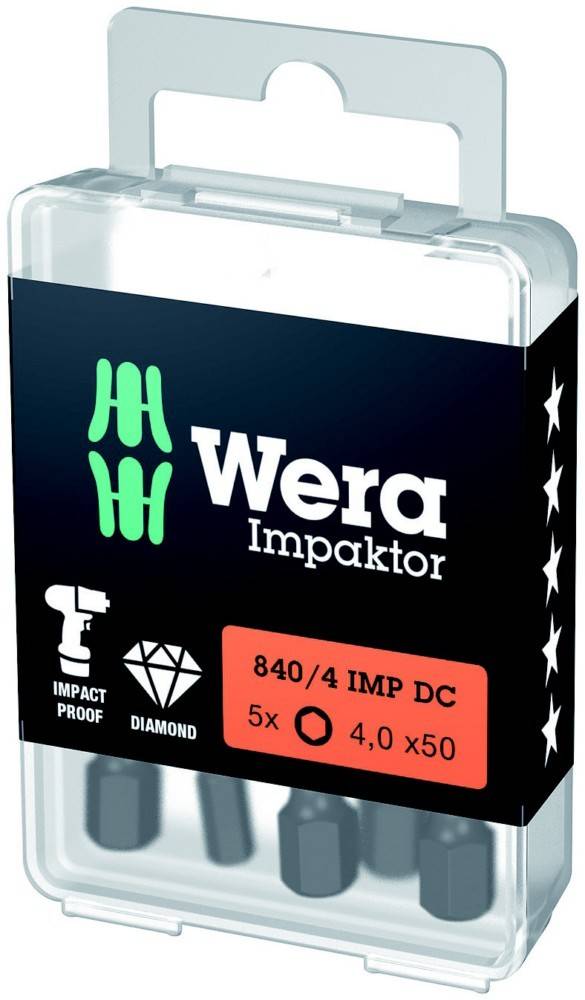 Klare Kunststoffbox mit Wera Impaktor Bohrern, mit der Aufschrift „840/4 IMP DC 5x 4,0 x50