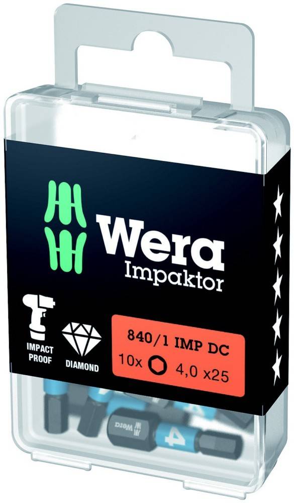 Wera Impaktor Schraubendreher-Bitset in einem durchsichtigen Kunststoffkoffer, gekennzeichnet mit „840/1 IMP DC