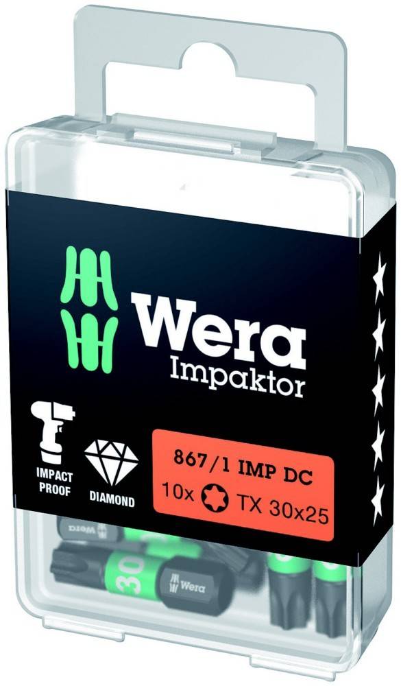 Wera Impaktor Schraubendreher-Bit-Set in einem durchsichtigen Kunststoffgehäuse, beschriftet mit „867/1 IMP DC 10x TX 30x25