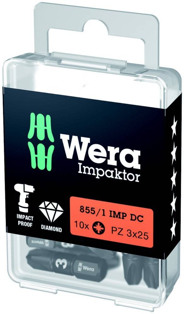 Wera Impaktor 855/1 Bitset in einer durchsichtigen Kunststoffbox, gekennzeichnet für schlagfeste Diamant-PZ 3 x 25 Bits.