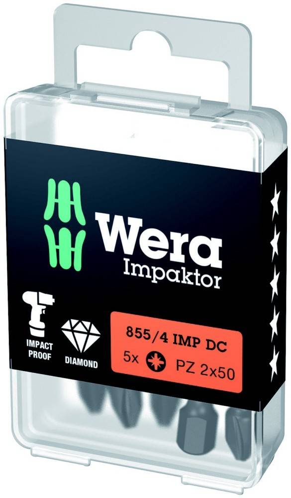 Wera Impaktor Schraubendreher-Bitset in einem transparenten Kunststoffkoffer, Modell 855/4 IMP DC, 5x PZ 2x50, schlagfest und diamantbeschichtet.