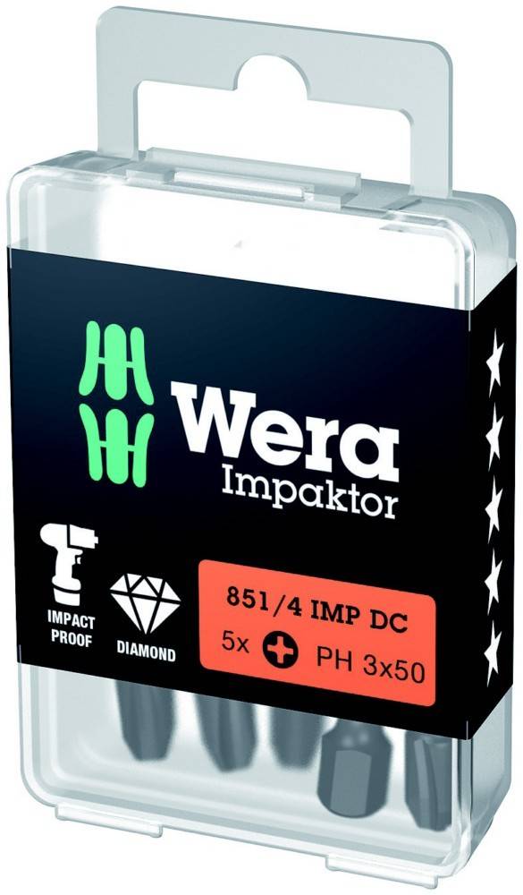 Wera Impaktor Schrauberbitsatz in einer durchsichtigen Kunststoffbox, beschriftet mit '851/4 IMP DC', '5x' und 'PH 3x50'.