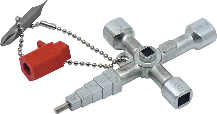 Ein Metall-Multifunktionsschlüssel mit vier verschiedenen Sockelbefestigungen und einer Perlenkette, die an einem roten Plastikteil befestigt ist, der zum Öffnen von Servicepanels verwendet wird.