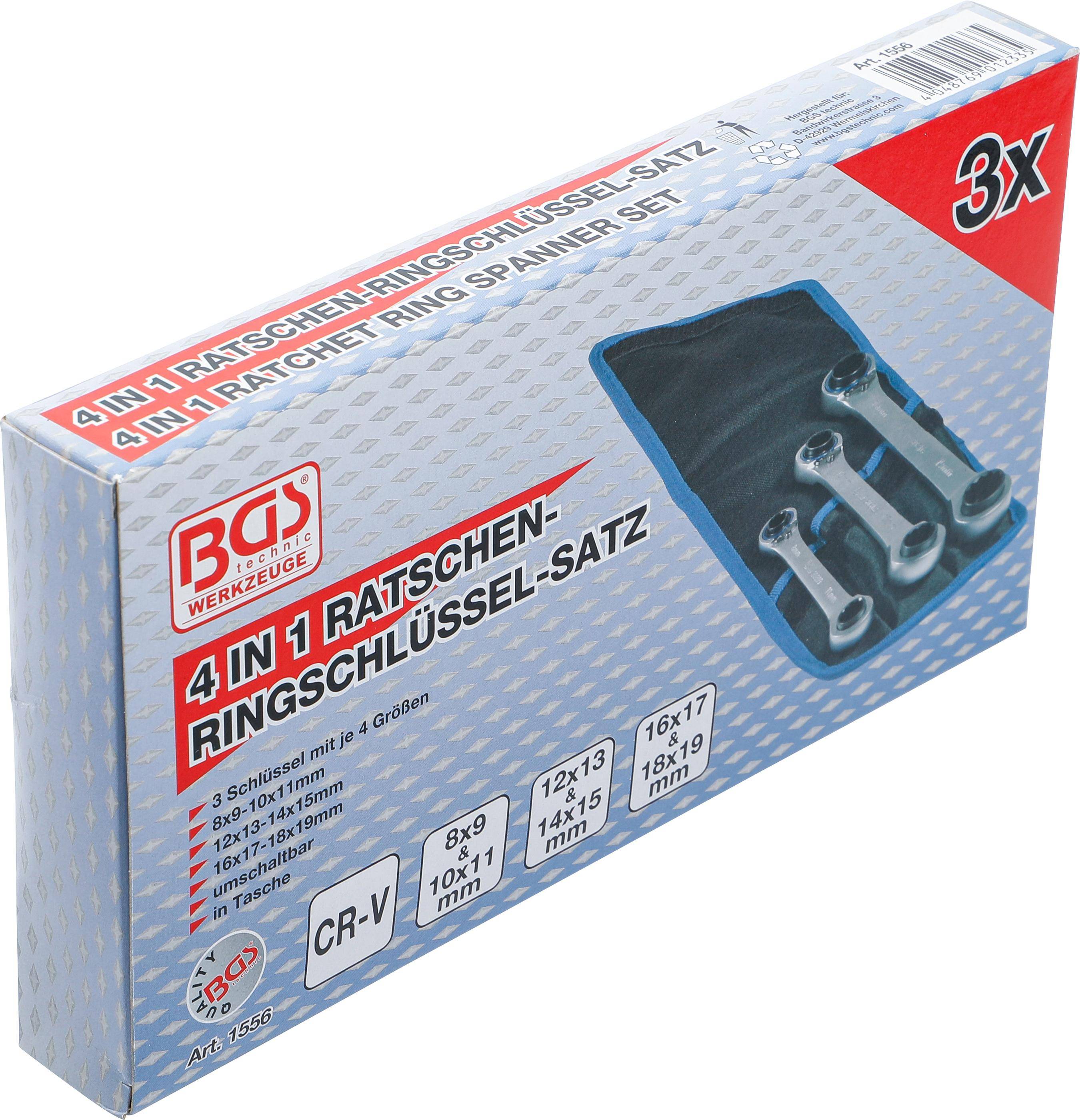 4 in 1 Ratschenschlüssel-Set' Verpackungsbox mit vier Schlüsseln in einem blauen Halter. Größen: 8x9, 10x11, 12x13, 14x15, 16x17, 18x19 mm.
