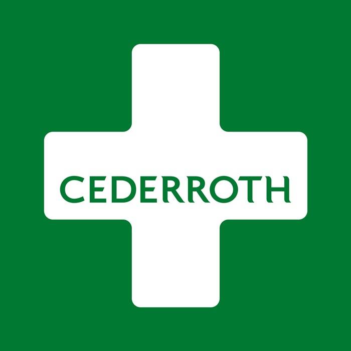 Logo von 'CEDERROTH' mit einem weißen Kreuz auf grünem Hintergrund, verbunden mit Erste-Hilfe-Produkten.
