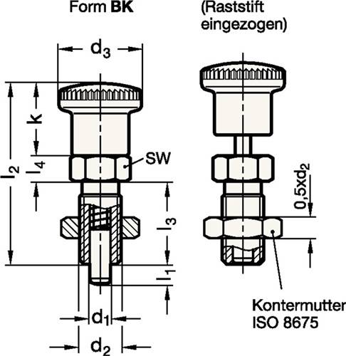 Rastbolzen GN 817 d1 16mm d2 M24 x 2mm l1 20mm Stahl,o.Rastsperre,m.Kontermutter