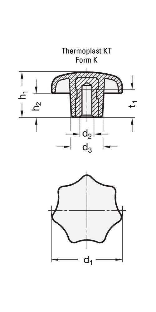 Sterngriff DIN 6336 m.Gewindebuchse Ku.d1 80mm d2 M 16mm