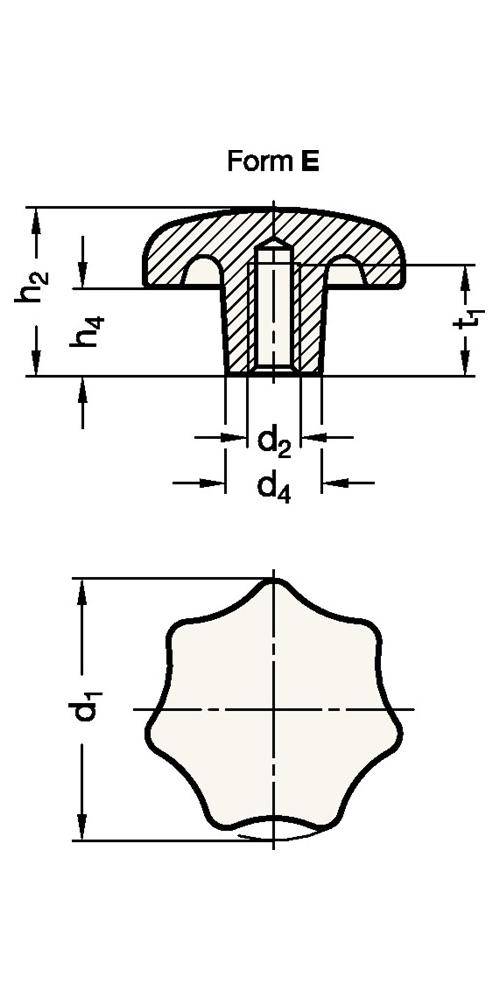 Sterngriff DIN 6336 m.Gewindebuchse Ku.d1 80mm d2 M 16mm