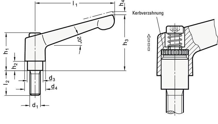 Verstellbarer Klemmhebel GN 300 d1 M 6mm l1 45mm l2 16mm AG GANTER