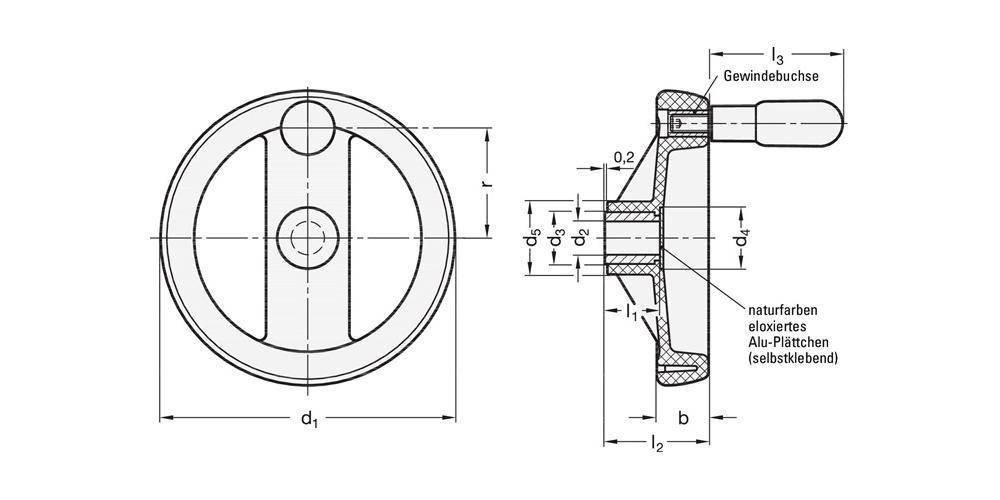 Speichenhandrad GN 522 b 20mm d1 100mm d2 10mm Ausf.R=m.drehb.Griff GANTER