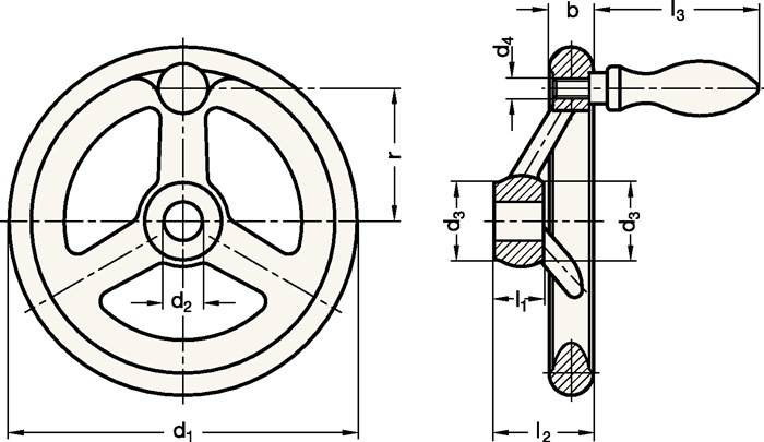 Handrad GN 950 b 18mm d1 160mm d2 16mm GANTER